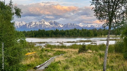 Fotografie Chugach Mountains above wetlands near Palmer, Alaska