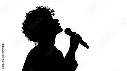 Silhouette of a woman singing into a microphone, her head tilted back with an expression of passion
