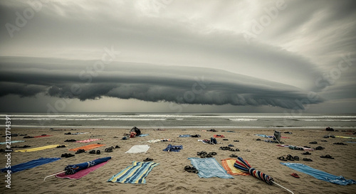 A breathtaking and powerful shelf cloud formation looms dramatically over a tranquil beach filled with colorful towels, signaling an approaching tempest over the vast ocean