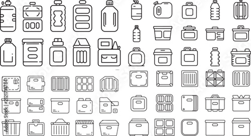 Set of various containers and storage boxes with different shapes sizes and styles arranged in a grid pattern on a transparent background