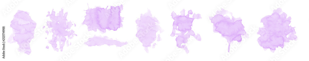 Fototapeta premium Collection of purple watercolor paint blobs and textured stains on transparent background.