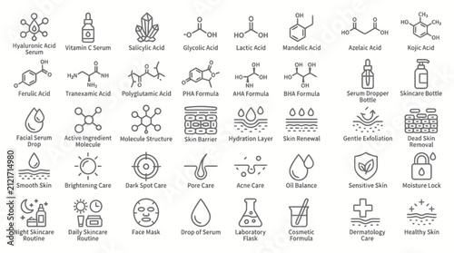 Skincare ingredient and skin health icons. Set of cosmetic product and treatment symbols.