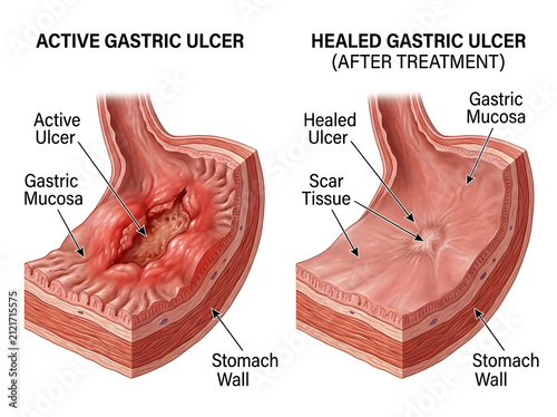 Active and healed gastric ulcer comparison illustration isolated on white background