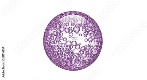 Abstract purple sphere composed of interconnected bubbles, representing complexity, data, or cellular structures, isolated on white.