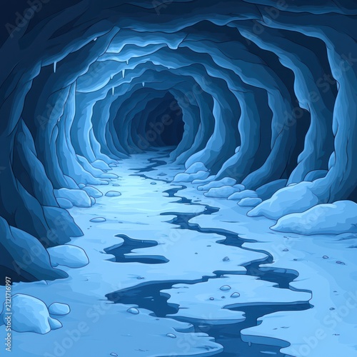 A winding icy tunnel stretches deep into the heart of a snow covered cave