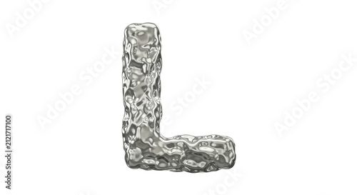 Metallic uppercase letter L with liquid chrome texture isolated on a solid white background