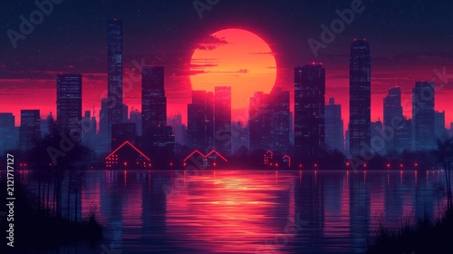 A stunning sunset casts deep orange and pink tones over a serene cityscape and water