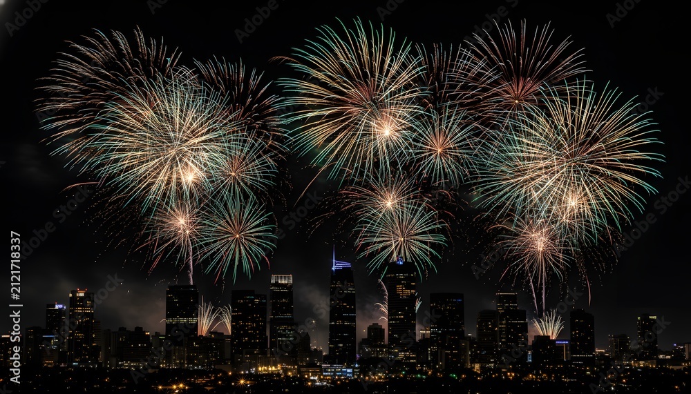 Obraz premium Colorful fireworks exploding over night city skyline celebrating New Year event concept with glowing skyscrapers and pyrotechnic display