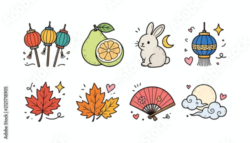 Mid-Autumn Festival Hand Drawn Doodle Collection with Rabbit, Lanterns, Moon, Citrus and Autumn Leaves

