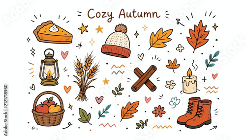 Cozy Autumn Hand Drawn Doodle Collection with Fall Leaves, Pumpkin, Boots and Seasonal Elements

