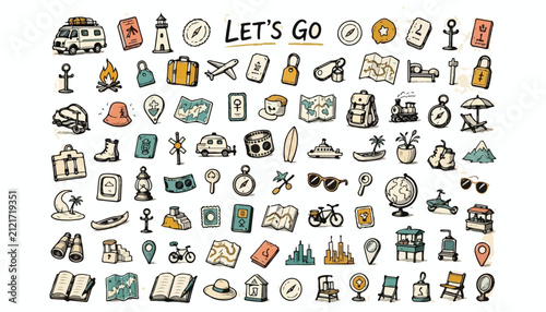 Let's Go Travel Hand Drawn Doodle Collection with Vacation, Adventure and Travel Essentials
