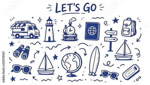 Let's Go Travel Hand Drawn Doodle Collection with Vacation, Road Trip and Adventure Elements
