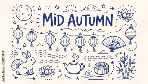 Mid-Autumn Festival Hand Drawn Doodle Collection with Mooncake, Lanterns, Rabbit and Traditional Chinese Celebration Elements
