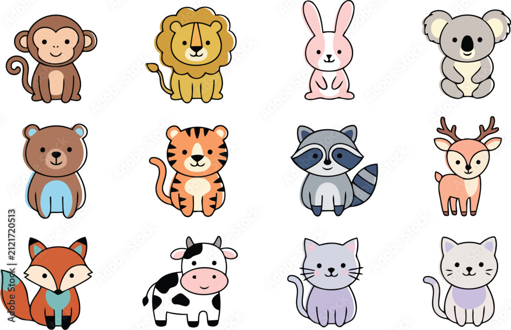 Obraz premium Cartoon wildlife icon collection featuring offset color line art infant drawing