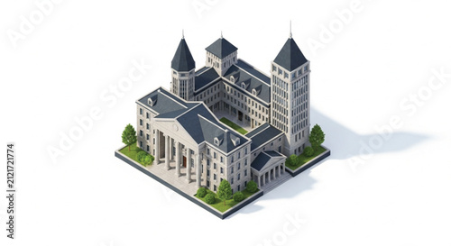 Classic Government Building with Columns and Tower, Isometric View, White Background