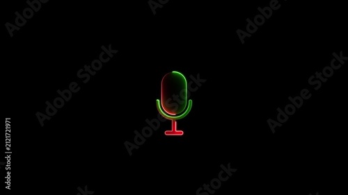 Neon microphone animation glowing on black background, for podcast and, audio branding