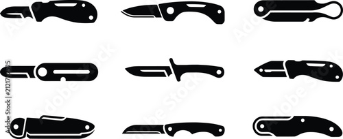 Collection of black silhouettes depicting various folding pocket knives and fixed blade utility knives in different shapes and styles