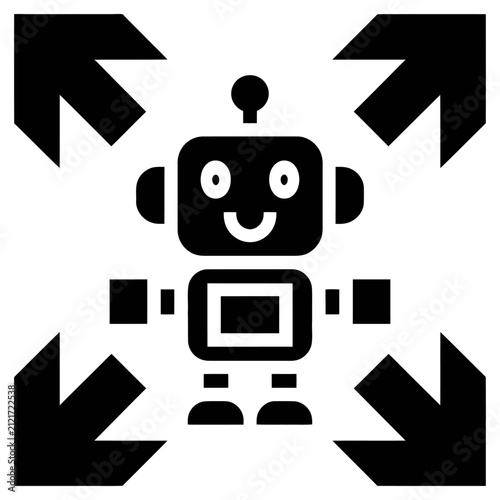 Принти на полотні Cute robot character vector icon with expanding arrows for artificial intelligen