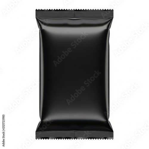 Blank black food packaging pouch mockup isolated on white background