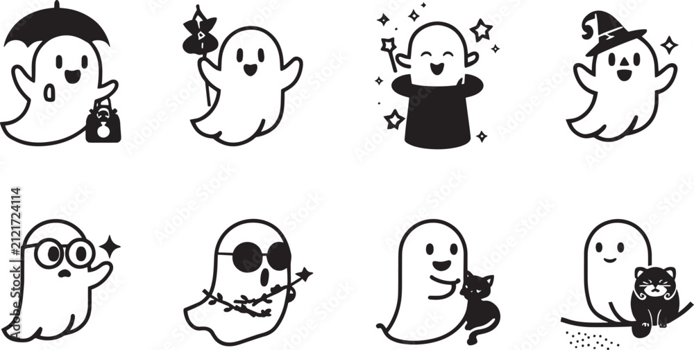 Fototapeta premium Black and white cute ghosts set halloween spooky icons vector background pattern