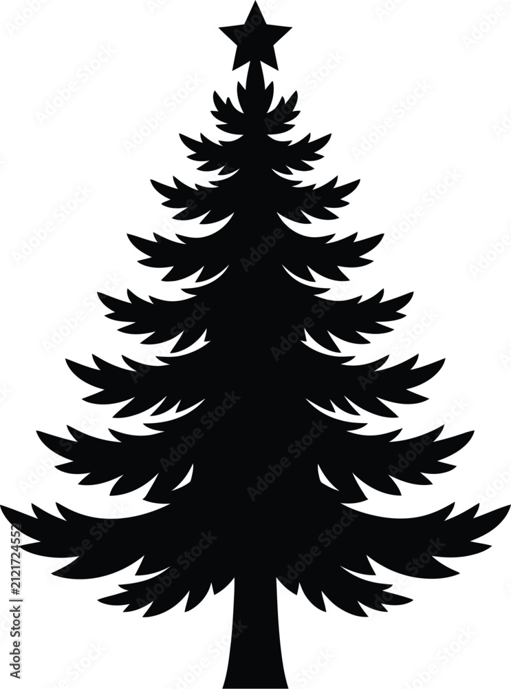 Obraz premium Black and white christmas tree vector illustration with star topper