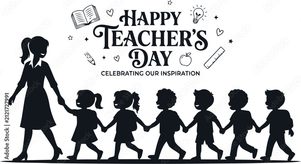 Obraz premium Teacher And Students Silhouette With School Supplies A Black And White Vector Illustration