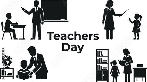 Silhouettes Of Teachers And Students With School Supplies On A White Background classroom
