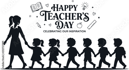 Teacher And Students Silhouette With School Supplies A Black And White Vector Illustration