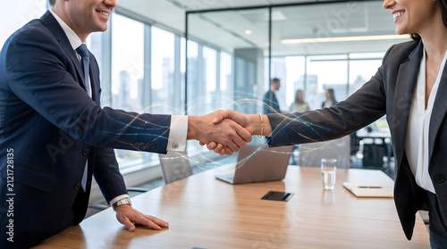 Business people shake hands during a meeting in a bright corporate office with large glass windows.