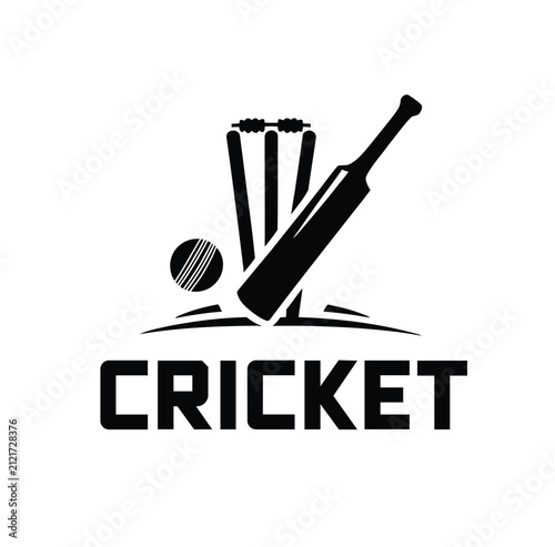 Cricket Sport Equipment Bat Ball Wickets Logo Vector Illustration in Black Color with White Background.