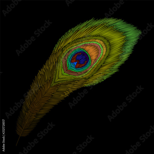 Colorful peacock feather embroidery pattern. Needlework stitch style. Clothing towel bag cover brooch print design. Black background hand-stitched vector art.