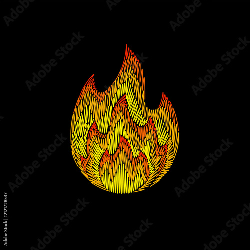 Fire flame emoji embroidery design. Hot needlework stitch style. Clothing towel bag cover print. Black background hand-stitched vector art.