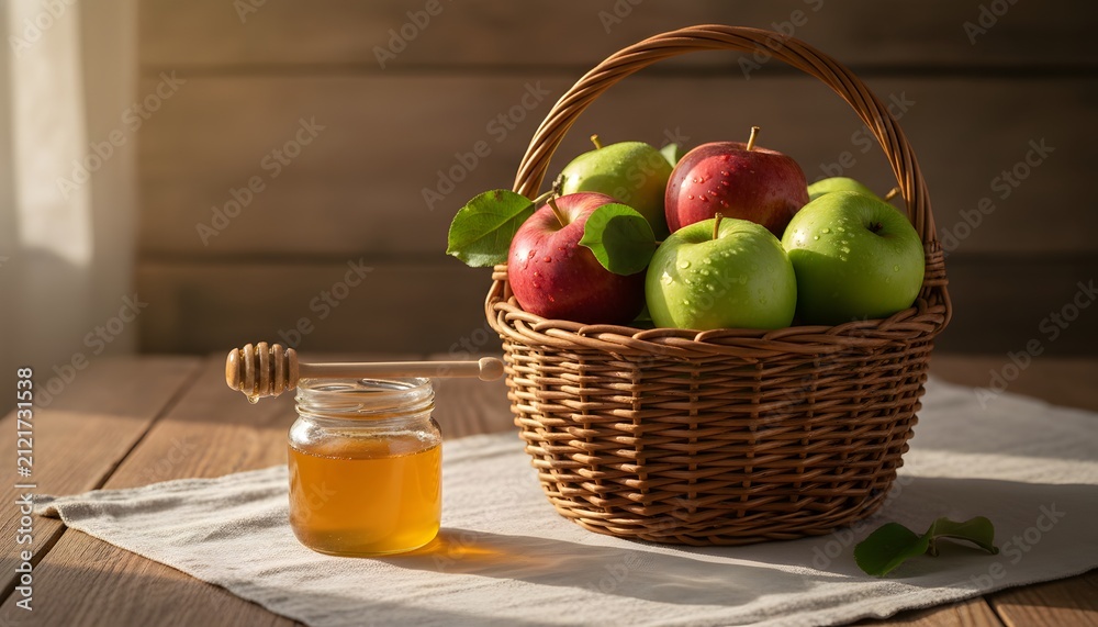 Obraz premium Fresh organic red and green apples in a wicker basket beside a jar of golden honey on a rustic wooden table for traditional Apple Spas holiday celebration concept