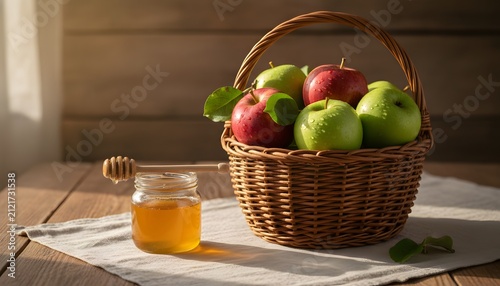 Fresh organic red and green apples in a wicker basket beside a jar of golden honey on a rustic wooden table for traditional Apple Spas holiday celebration concept