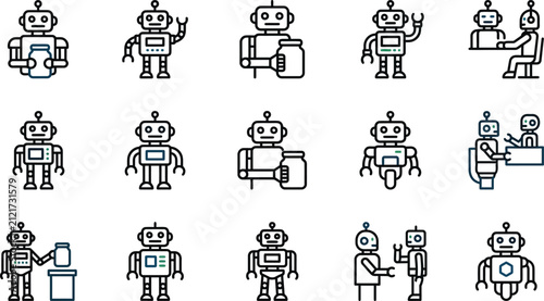 Set of Various Outline Robot Icons and Android Characters.