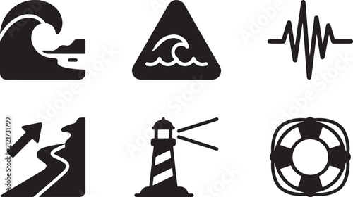Set of black and white tsunami and maritime safety icons including wave, warning sign, earthquake pulse, evacuation route, lighthouse, and lifebuoy for emergency preparedness and navigation isolated