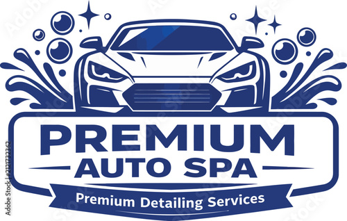 Premium auto spa detailing services logo with car and soap bubbles