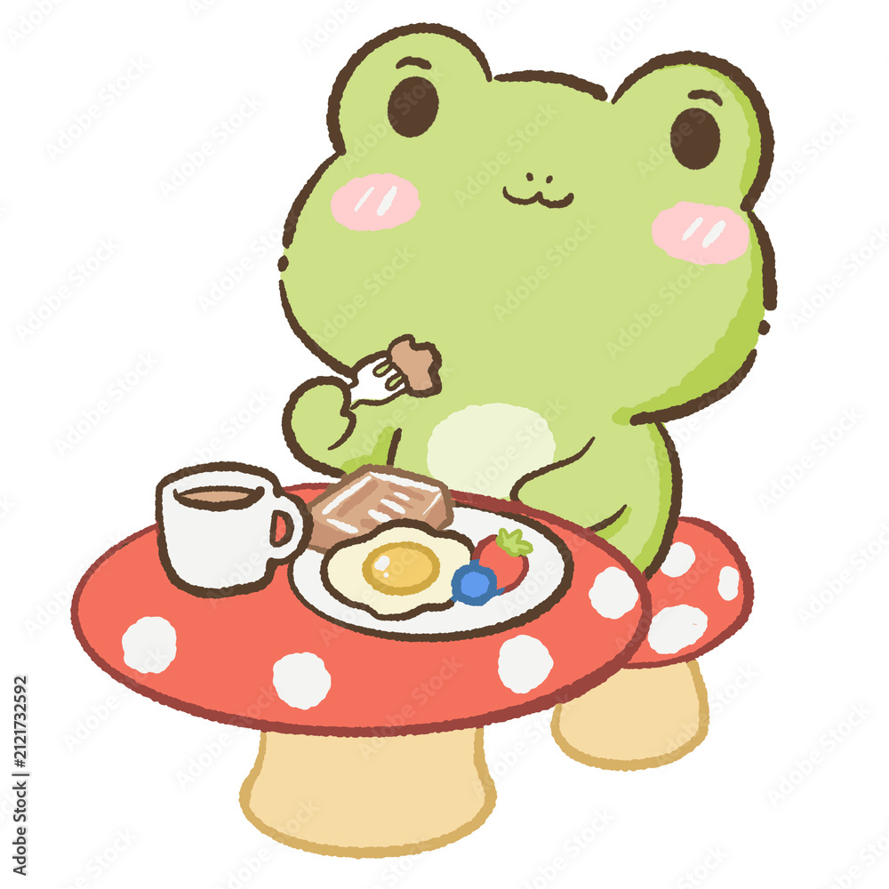 Fototapeta premium Cute Kawaii Chibi Frog Enjoying a Cozy Mushroom Breakfast with Coffee, Toast and Sunny Side Egg Woodland Cottagecore Clipart Illustration