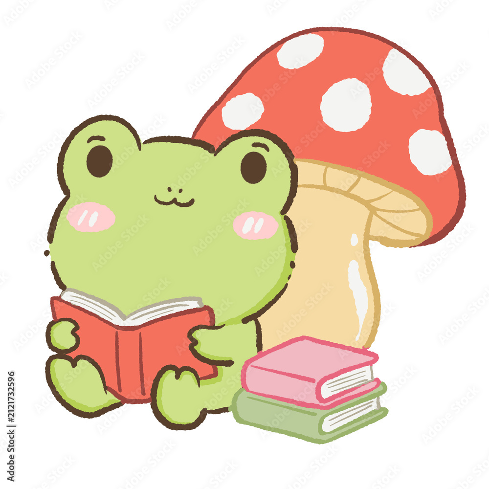Fototapeta premium Cute Kawaii Chibi Frog Reading a Book Beside a Giant Fly Agaric Mushroom Cozy Woodland Library Cottagecore Clipart Illustration