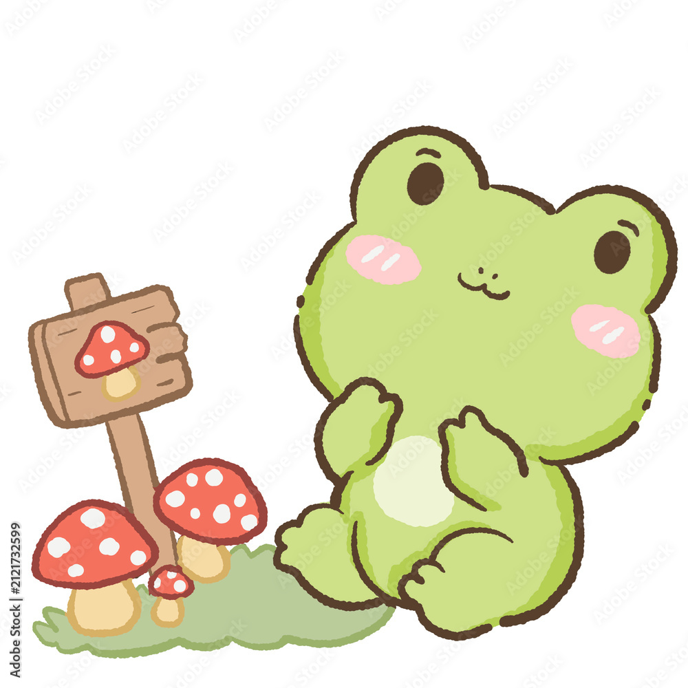 Fototapeta premium Cute Kawaii Chibi Frog Sitting Beside Woodland Mushroom Signposts in a Cozy Forest Cottagecore Clipart Illustration