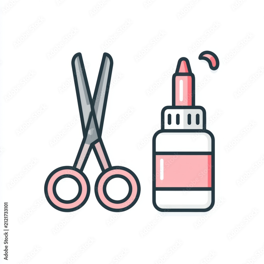 Obraz premium Craft tools are shown featuring scissors and glue in a simple line art design. The tools have pink accents on their functional parts.