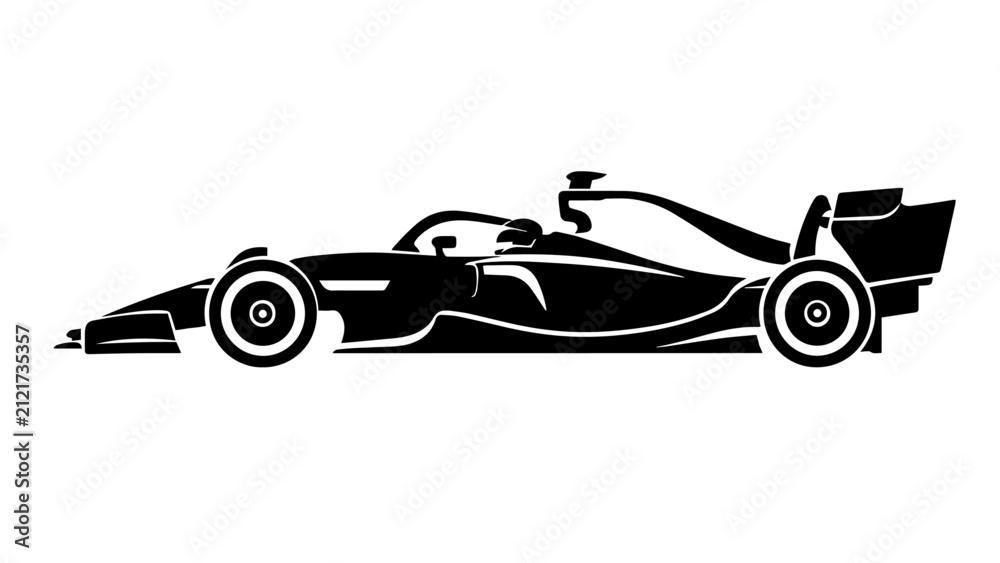 Fototapeta premium Formula 1 Racing Car Silhouette Vector – High Speed F1 Race Car Side View, Clean Minimal Motorsport Illustration Isolated on White Background