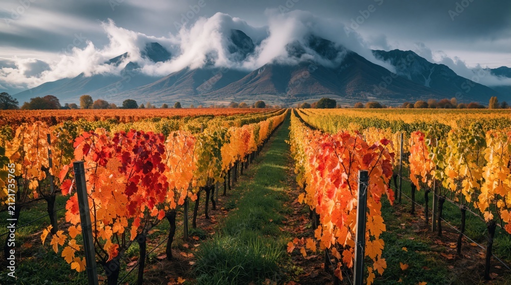 Obraz premium Rows of grapevines show autumn colors with red and orange leaves. Mountains rise behind fields under a cloudy sky. This scenic landscape captures harvest season beauty.