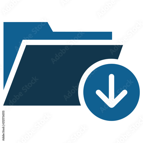 Blue vector icon of a folder with a download arrow for file transfer