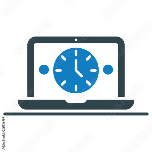 Blue vector icon of a laptop computer displaying a clock on the screen.