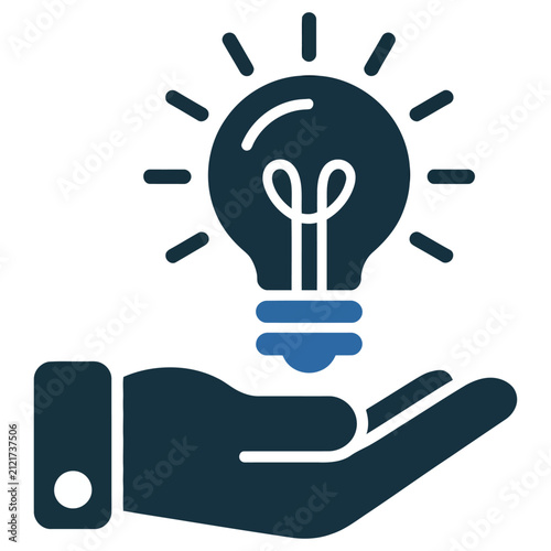 Vector graphic of a hand holding a glowing lightbulb with lines radiating from it, symbolizing a great idea.