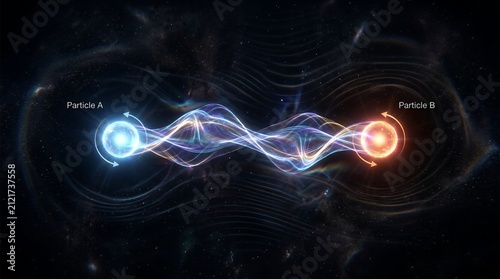 Quantum entanglement visualization of two glowing particles connected by waves.