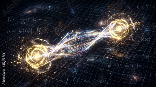 Quantum entanglement visualization with mathematical equations.