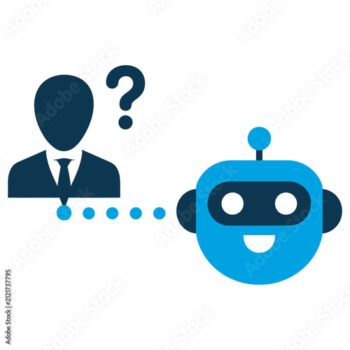 Vector graphic of a smiling robot interacting with a suited man and wondering about artificial intelligence concept.
