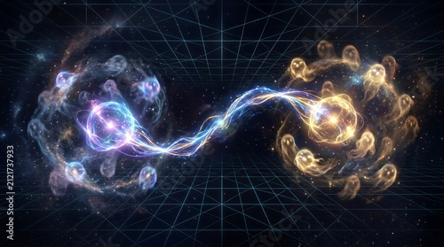 Quantum entanglement between two glowing particle spheres.